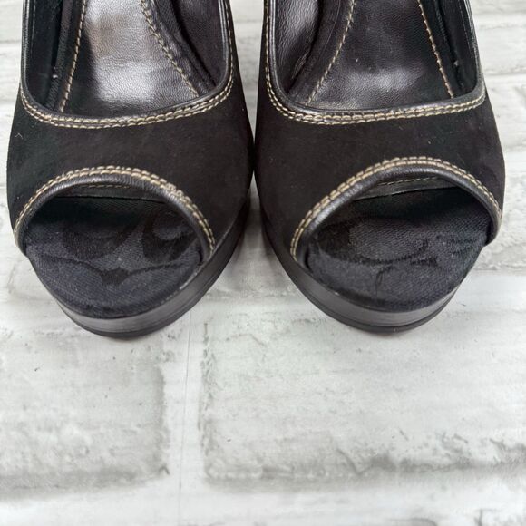 Coach Tabby Peep Toe  Classic Coach Logo Heels Pumps Size 8.5 Wood Wedge - Picture 4 of 10